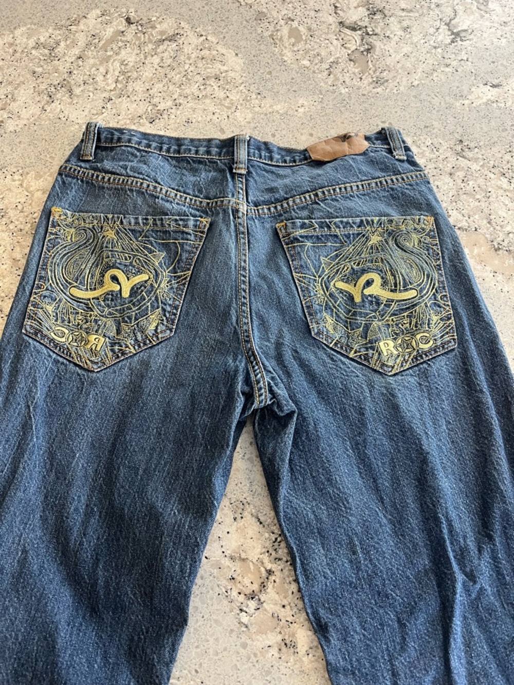 Y2K Distressed Rocawear Dark Blue Jeans with Yellow Embroidered Back Pockets